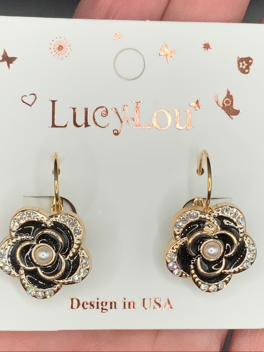 Gold & Black Flower Drop Earrings with Pearl Accent